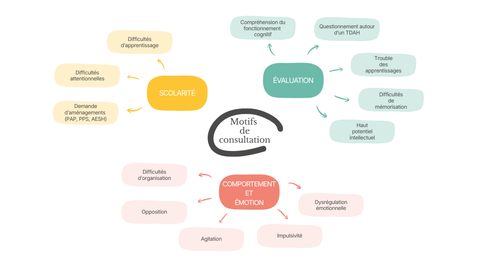 Motifs de consultation : 
- Evaluation : compréhension du fonctionnement cognitif, questionnement autour d'un TDAH, trouble des apprentissages, difficultés de mémorisation, haut potentiel intellectuel
- Scolarité : difficultés d'apprentissage, difficultés attentionnelles, demande d'aménagements
- comportement et émotion : difficultés d'organisation, opposition, agitation, impulsivité, dysrégulation émotionnelle 